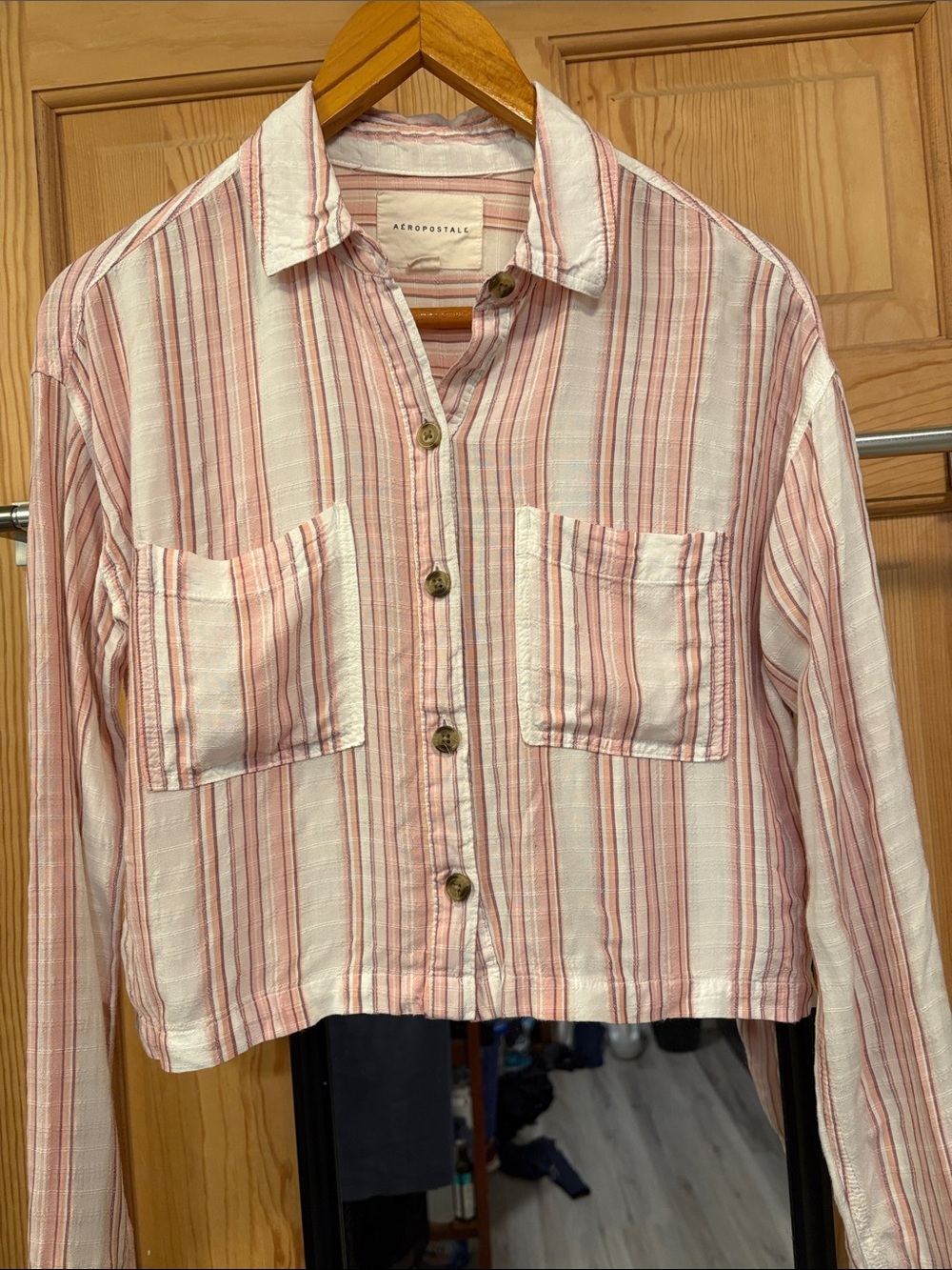 Cropped Pink striped Lightweight Oversized Woman’s Button Down Sz XS